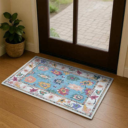 Fame Living Colorful Oushak Rug, Modern Small Rugs, Vintage, Turkish, Eclectic, Floral, Pastel, Washable, Door Mat, Doormat for Indoor Entrance, Entryway, Kitchen, Bathroom, Bedroom, Laundry, 2'x3'