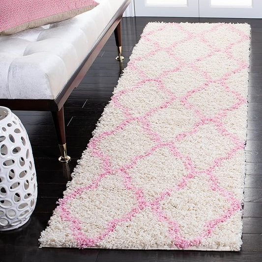 SAFAVIEH Dallas Shag Collection Runner Rug - 2'3" x 8', Ivory & Light Pink, Trellis Design, Non-Shedding & Easy Care, 1.5-inch Thick Ideal for High Traffic Areas in Living Room, Bedroom (SGD257P)