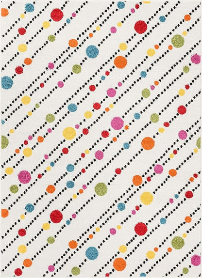 Well Woven Modern Rug Dandy Dots Stripes Ivory 3'3'' x 5' Accent Area Rug Entryway Bright Kids Room Kitchn Bedroom Carpet Bathroom Soft Durable Area Rug