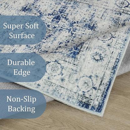 Morebes Vintage Hallway Runners 12 Ft Non Slip, Washable Blue Hall Runner Rugs, Super Soft Distressed Extra Long Floor Carpet for Kitchen Entryway Living Room Dining Farmhouse