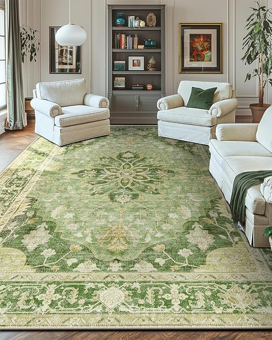 Area Rugs 10'x14' Washable Non-Slip, Floral Vintage Distress Print Pattern Medallion Carpet for Living Room Bedroom Dining Room, Sage Green Yellow