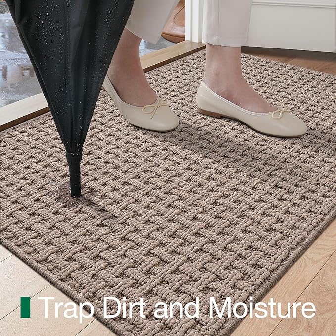 LUMI Washable Door Mat Indoor Entrance 17x30, Dirt Trapper Front Door Mats with Absorbent Interior and Non-Slip Rubber Backing, Entryway Doormat, Beige