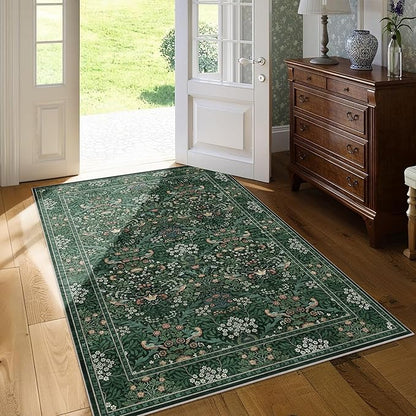 3x5 Floral Washable Area Rugs for Living Room, Vintage Boho Rug for Bedroom Dining Room， Distressed Botanical Birds Non Slip Low Pile Forest Animal Throw Carpet for Farmhouse Office, Bright Green