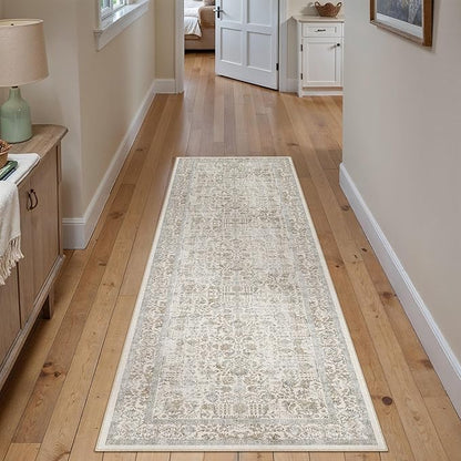Taupe Runner Rug 2'6"x8' Washable Carpet for Hallway Kitchen Vintage Distressed Non Slip Indoor Retro Floral Bedroom Accent Throw Long Rug Bathroom Office Laundry Dining Living Room
