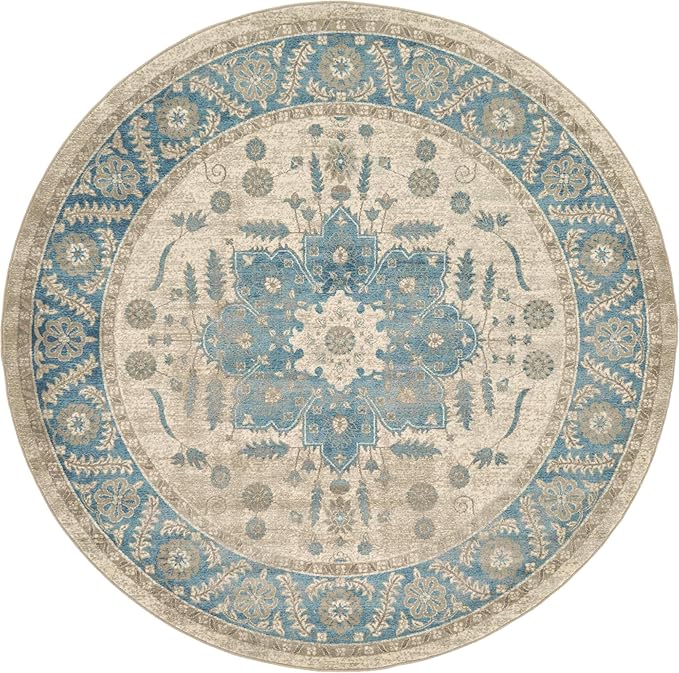 Unique Loom Salzburg Collection Classic Traditional Design Oriental Inspired Border Area Rug (8' 0 x 8' 0 Round, Beige/Blue)