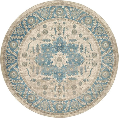 Unique Loom Salzburg Collection Classic Traditional Design Oriental Inspired Border Area Rug (8' 0 x 8' 0 Round, Beige/Blue)