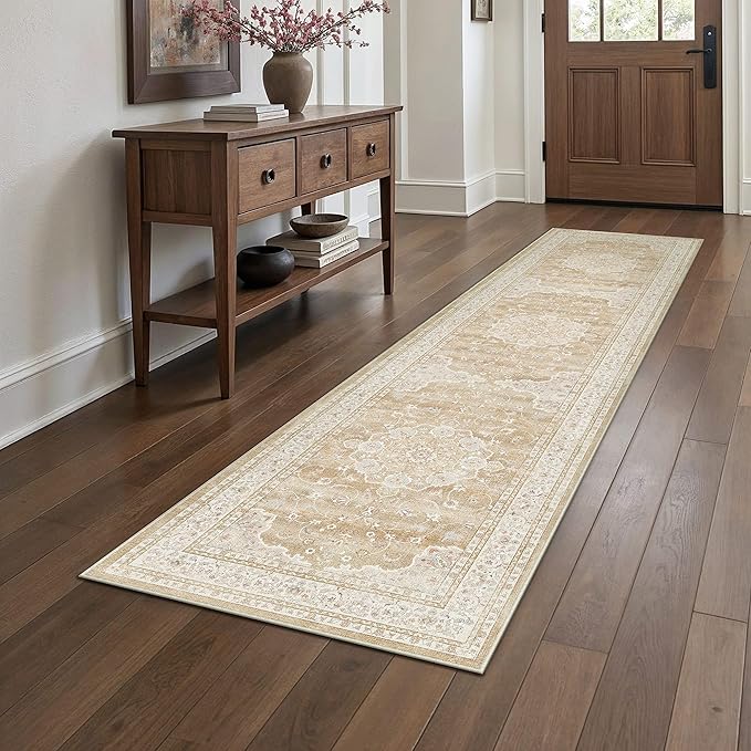 HUGEAR Machine Washable Hallway Runner Rugs 2x8 Vintage Beige Brown Neutral Style Non Slip Stain Resistant Low Pile Throw Carpet for Bedroom Kitchen Retro Aesthetic Modern Decor
