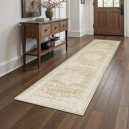 HUGEAR Machine Washable Hallway Runner Rugs 2x8 Vintage Beige Brown Neutral Style Non Slip Stain Resistant Low Pile Throw Carpet for Bedroom Kitchen Retro Aesthetic Modern Decor
