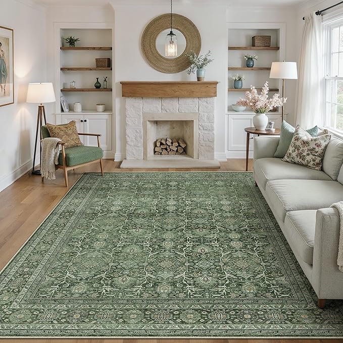 Area Rug 8x10 Green Washable Living Room Carpet Soft Non Slip Vintage Bedroom Indoor Office Traditional Retro Distressed Large Thicker Throw Rug for Dining Room Playroom