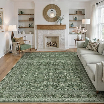 Area Rug 8x10 Green Washable Living Room Carpet Soft Non Slip Vintage Bedroom Indoor Office Traditional Retro Distressed Large Thicker Throw Rug for Dining Room Playroom