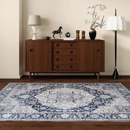 DUKINO 3x5 Rugs for Living Room, Soft Non-Slip Washable Area Rugs, Faux Wool Bedroom Rug with Non-Shedding, Indoor Low-Pile Boho Rugs for Dining Room, Home Office, Blue