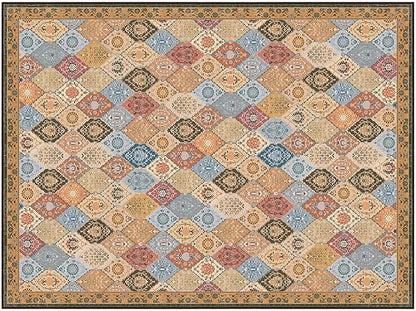 Phantoscope Washable Area Rug 9'x12' Non-Slip, Vintage Boho Rugs for Living Room, Bedroom, Dining Room, Distressed Moroccan Mosaic Diamond Pattern, Low-Pile Foldable Floor Carpet, Terracotta/Rust