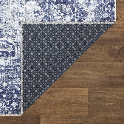 Bloom Rugs Washable Non-Slip 4' x 6' Rug - Blue/Ivory Traditional Area Rug for Living Room, Bedroom, Dining Room, and Kitchen - Exact Size: 4' x 6'