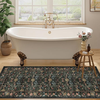 DUKINO 2x5 Washable Runner Rug, Floral Non Slip Bathroom Rugs with Soft Low Pile Design, Lightweight Non-Shedding Carpet Runner for Bathroom, Kitchen, Hallway, Bedroom, Laundry, Black