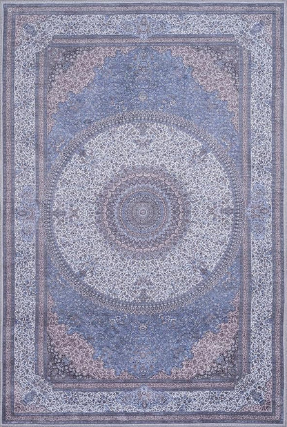 GLN Rugs Traditional Collection - Machine Washable Area Rug, Traditional Washable, Non Slip, Low Pile Chenille Rug, Living Room, Bedroom, Kitchen Rug (5' x 7' Navy/Off White)