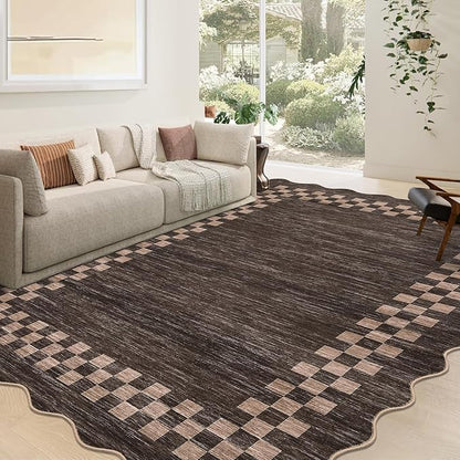 GarveeHome Scalloped Washable Rug 9x12 Area Rug for Living Room Modern Border Large Bedroom Throw Carpet with Rubber Backing Stain Resistant Boho Rug for Dining Room Home Decor Office, Brown