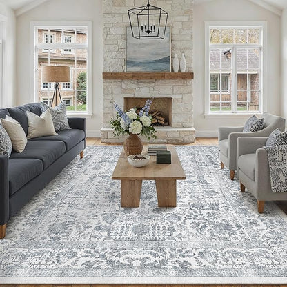 Navy Blue Area Rug 6x9 Machine Washable Vintage Living Room Distressed Non Slip Carpet Traditional Indoor Bedroom Retro Floral Accent Throw Large Rug for Office Kitchen Dining Room