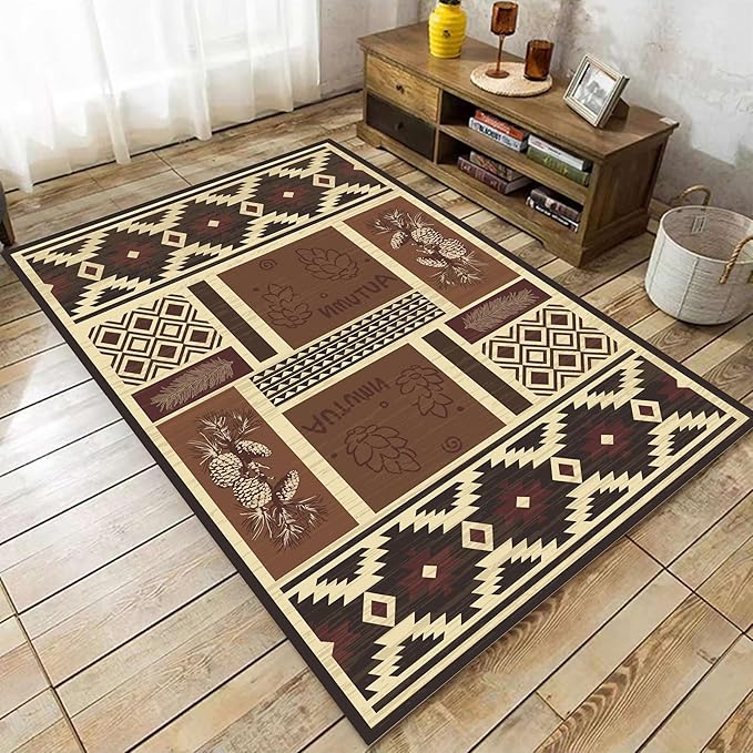 UNREASTO Western Area Rugs 5x6ft Vintage Country Southwestern Native Botanical Farmhouse Rug Floor Mats, Rustic Pine Cone Non-Slip Washable Throw Rugs for Hallway Living Room Bedroom Hardwood Floors