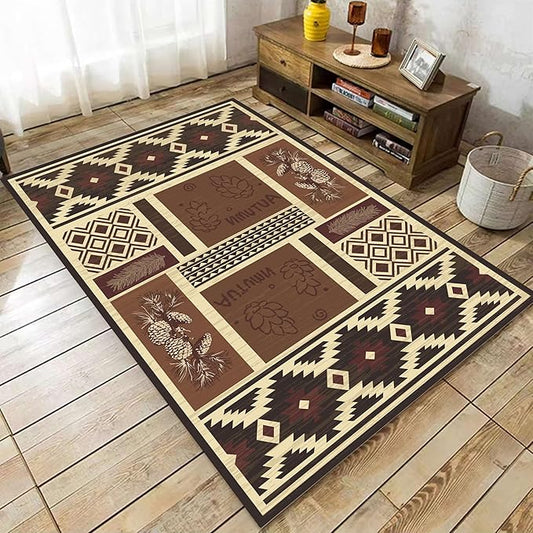 UNREASTO Western Area Rugs 4x5ft Vintage Country Southwestern Native Botanical Farmhouse Rug Floor Mats, Rustic Pine Cone Non-Slip Washable Throw Rugs for Hallway Living Room Bedroom Hardwood Floors