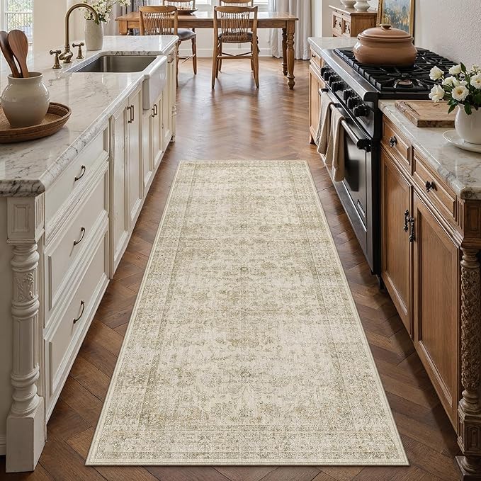 HUGEAR 2x6 Runner Rug Hallway Machine Washable Retro Beige Vintage Floral Low Pile Carpet Distressed Long Throw Rug Bedroom Office Bathroom Kitchen Laundry Non Slip Soft Lightweight