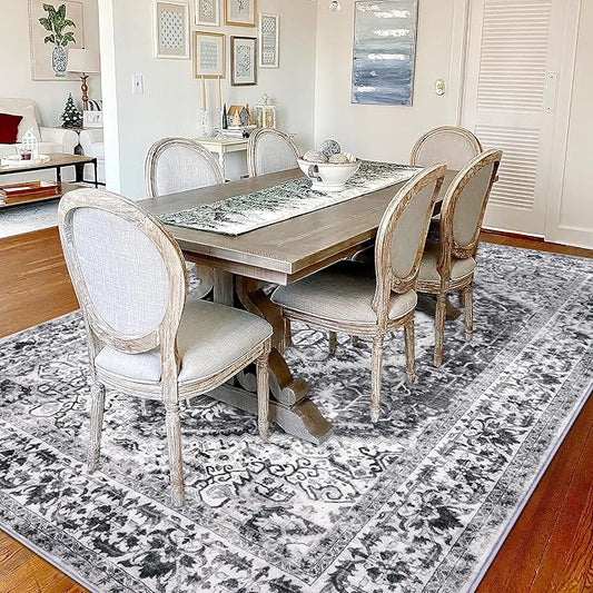 KOZYFLY Boho Area Rug 5x7 Ft Thin Rugs for Living Room Washable Bedroom Rug Non Slip Rugs for Living Room Printed Faux Wool Bedroom Rug Floor Carpet for Dining Room, Grey