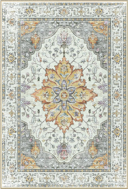Area Rugs 3'x4' Washable Non-Slip, Floral Vintage Distress Print Pattern Medallion Carpet for Living Room Bedroom Dining Room, Light Yellow Carbon Grey Orange