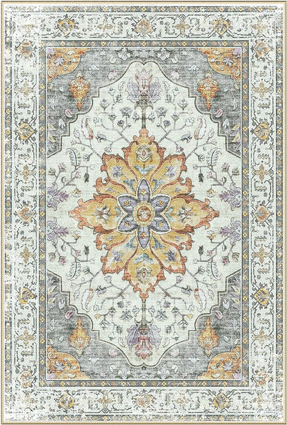 Area Rugs 3'x4' Washable Non-Slip, Floral Vintage Distress Print Pattern Medallion Carpet for Living Room Bedroom Dining Room, Light Yellow Carbon Grey Orange