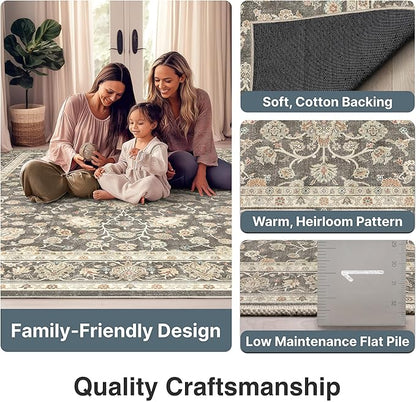 Well Woven Asha Rome Charcoal Brown 2'3" x 7'3" Runner Rug - Oriental Floral Pattern, Easy Clean, Floor-Friendly Backing - for Hallway, Entryway, and Kitchen
