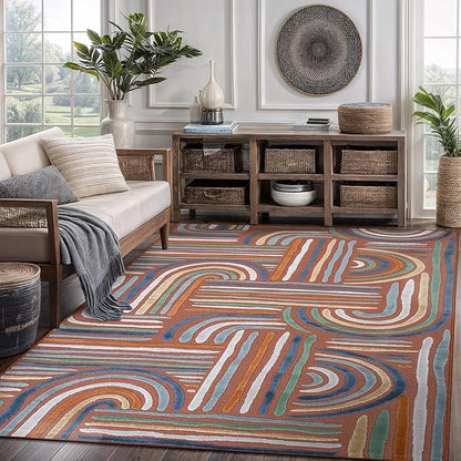 CAMILSON Indoor Outdoor Rug, Orange 5x7 Geometric Arch Striped Area Rugs for Patio and Home Areas, Easy-Cleaning Non-Shedding Living Room, Garden and Deck Washable Outside Carpet (5 x 7)