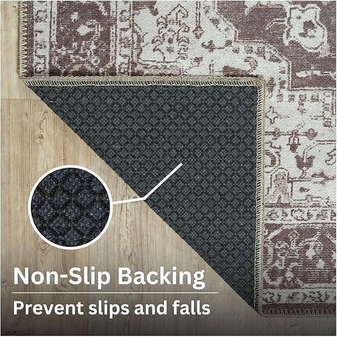 Bloom Rugs Washable Non-Slip 12 ft Runner - Dark Brown Traditional Medallion Runner for Entryway, Hallway, Bathroom, and Kitchen - Exact Size: 2.5' x 12'