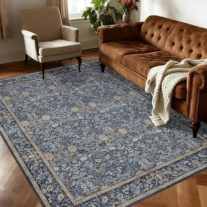 Washable Living Room Rug: 6x9 Boho Floral Soft Area Rug for Bedroom Decor - Vintage Low Pile Thin Carpet for Dining Room Non-Slip - Farmhouse Stain Resistant Rugs - Slate Blue