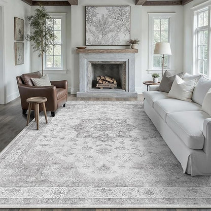 Grey Gray Area Rug 6x9 Washable Vintage Carpet for Living Room Bedroom Large Soft Retro Low Pile Thin Indoor Rug Non Slip Oriental Medallion Floor Cover for Dining Room Office
