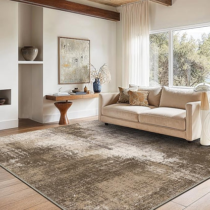 GENIMO Washable Area Rugs for Living Room, 8x10 Vintage Non Slip Rugs, Low Pile Lightweight Soft Print Rug for Bedroom, Dining Room, Home Office, Faded Brown