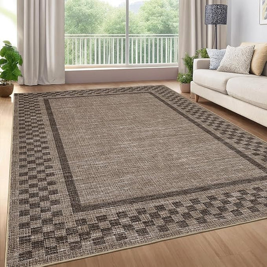 GarveeHome Modern Bordered 9x12 Area Rugs for Living Room Bedroom Soft Washable Large Bedroom Throw Carpet Non Slip Checkered Geometric Rugs for Dining Room Home Decor Office, Brown
