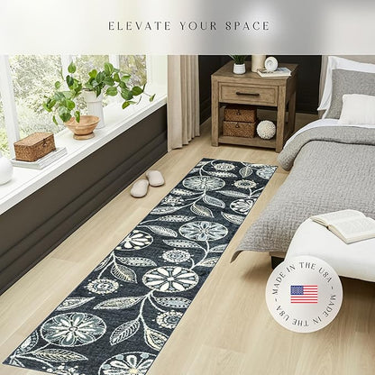 Maples Rugs Reggie Floral Runner Rug - Made in USA - Washable, Non Slip Indoor Carpet for Kitchen, Hallway, and Laundry Room, 2' x 10', Persian Blue