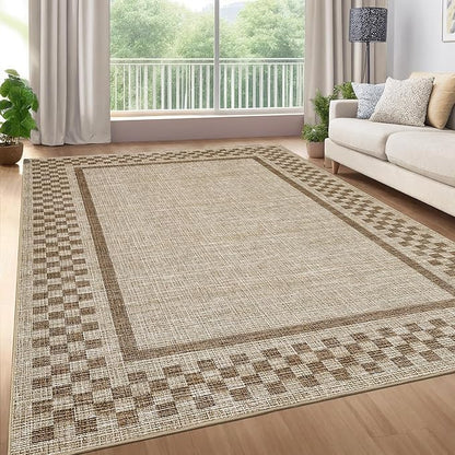 Small Bedroom Area Rug 3x5 Checkered Area Rug for Living Room Nursery Non Slip Kitchen Throw Carpet Low Pile Modern Bordered Rugs Washable Bathroom Mat Soft Brown Rugs for Laundry Entryway, Taupe