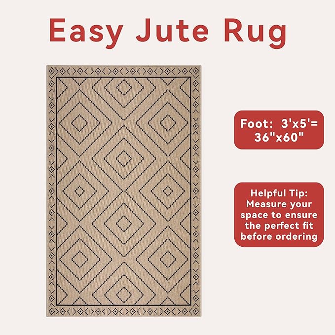 Tangsoo Easy Jute Rug 3x5 for Entryway,Geometric Non-Slip Washable Indoor Outdoor Door Carpet,Farmhouse Ultra Thin Throw Mat for Kitchen Bedroom Front
