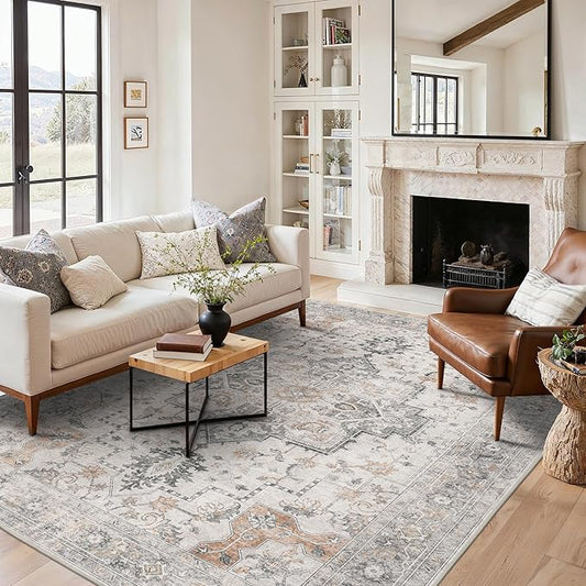 6x9 Area Rugs for Living Room, Machine Washable Low Pile Rugs, Non Alip Vintage Rug for Bedroom, Dining Room, Home Office, Light Taupe Brown