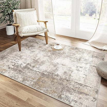 3x4 Washable Area Rug Brown Grey Abstract Entryway Office Throw Rug Neutral Modern Non Slip Soft Low Pile Small Carpet for Kitchen Living Room Bedroom Entrance