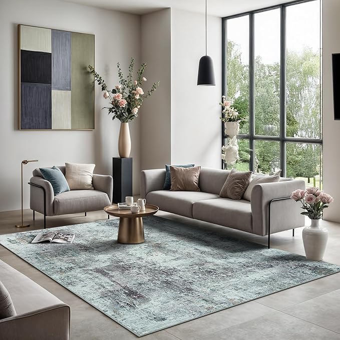 GLN Rugs Contemporary Collection - Machine Washable Area Rug, Contemporary Washable, Non Slip, Low Pile Chenille Rug, Living Room, Bedroom, Kitchen Rug (6' x 9' Grey/Green)