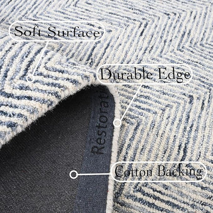 Modern Herringbone Chevron Collection Handcrafted Wool Area Rug - Durable, Zigzag Pattern, for High Traffic, Contemporary Design for Living Room, Bedroom, Dining Room Decor (Denim blue, 5' x 5')