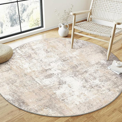 5x5 Washable Round Rug Beige Grey Abstract Living Room Bedroom Area Rug Neutral Modern Non Slip Soft Low Pile Indoor Carpet for Dining Room Office Entryway