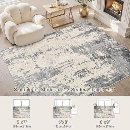 6x9 Area Rug Living Room Rugs - Washable Neutral Modern Abstract Soft Thin Rug Indoor Floor No Slip Rug Carpet for Bedroom Under Dining Table Home Office Decor - Grey/Light Brown
