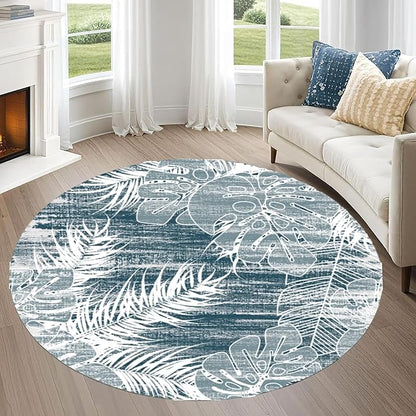 Washable Round Rug 3ft - Blue Tropical Botanical Pattern, Non-Slip Low Pile No Shedding Carpet, Soft Flannel Feel Rug for Living Room, Bedroom, Bathroom，Indoor Use