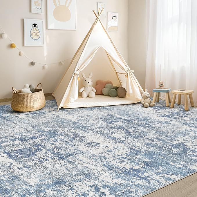 9x12 Area Rug Living Room Rugs - Washable Neutral Modern Abstract Soft Thin Rug Indoor Floor No Slip Rug Carpet for Bedroom Under Dining Table Home Office Decor - Blue White