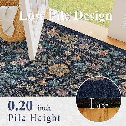 DUKINO 4x6 Rugs for Living Room, Lightweight Non Slip Washable Rug with Low Pile Design, Vintage Floral Non-Shedding Soft Carpet for Living Room, Bedroom, Farmhouse, Office, Bathroom, Dark Blue