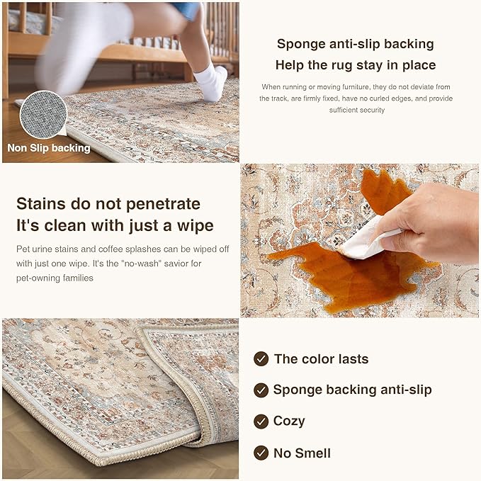 HUGEAR Entryway Machine Washable Area Rugs 2x3 Vintage Orange Small Neutral Style Non Slip Stain Resistant Low Pile Throw Carpet for Hallway Kitchen Retro Aesthetic Modern Decor