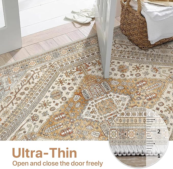 Bavni Kitchen Rug 2x5 Runner Rugs for Hallways Entryway, Washable Vintage Print Carpet, Ultra-Thin Chenille Low Pile Lightweight Rug with Non Slip Backing, Tan/Grey