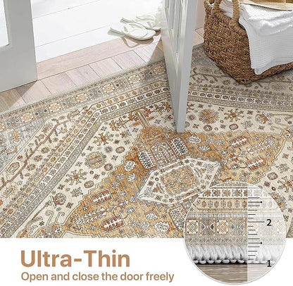 Bavni Runner Rug 2x10 Kitchen Rugs for Hallways Entryway, Washable Vintage Print Carpet, Ultra-Thin Chenille Low Pile Lightweight Rug with Non Slip Backing, Tan/Grey