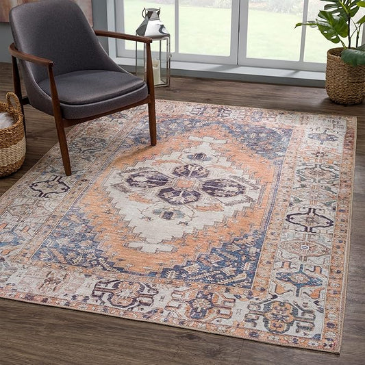 Bloom Rugs Washable 3' x 5' Rug - Orange/Blue/Beige Traditional Area Rug for Living Room, Bedroom, Dining Room, and Kitchen - Exact Size: 3' x 5'